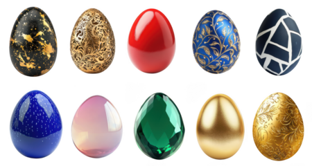 Set of 10 Colorful Easter egg, Golden emerald glass, red, blue, golden filigree, black, red eggs