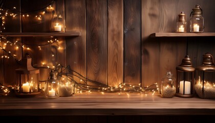 Fairy lights on a rustic wood shelf: A rustic wooden shelf adorned with scattered fairy lights, creating an inviting, warm atmosphere.