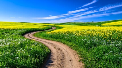 Winding Road Through Yellow Flower Fields - Vibrant Color Palettes