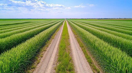 Naklejka premium Serene Country Road Through Green Fields - Aerial perspectives