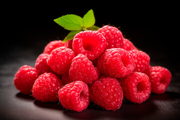 Raspberries on a dark background. Raspberries with leaves. Fresh berries.