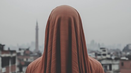 Mysterious Figure Draped in Red Cloth Overlooking Cityscape