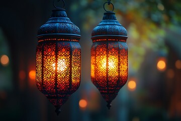 Intricately Designed Lanterns Glowing Warmly Against Blurred Background