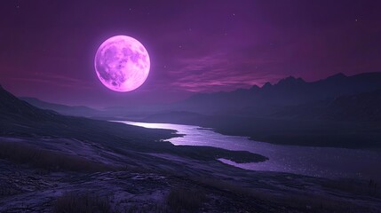 Pink moon over serene mountain lake at night; fantasy landscape, ideal for fantasy or sci-fi visuals
