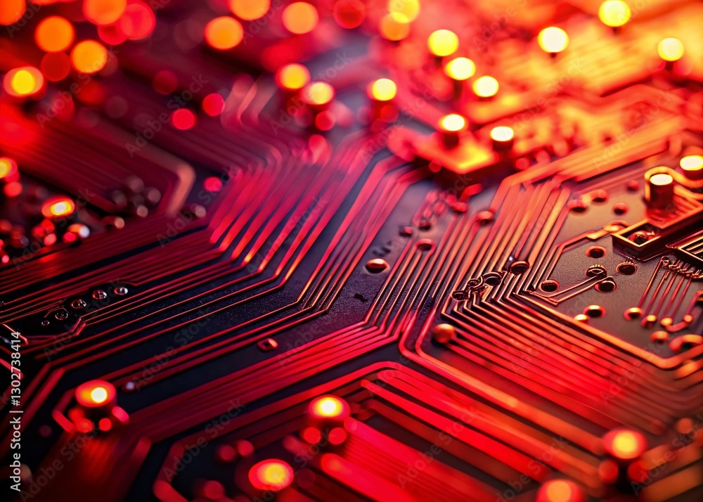 Poster red circuit board with bokeh background - abstract technology stock photo