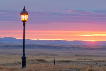 Fototapeta premium A streetlamp stands alone in a vast, open landscape, illuminated against a vibrant sunset sky with hues of orange, pink, and purple.