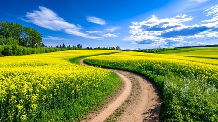Winding Road Through Yellow Rapeseed Field - Vibrant color palettes