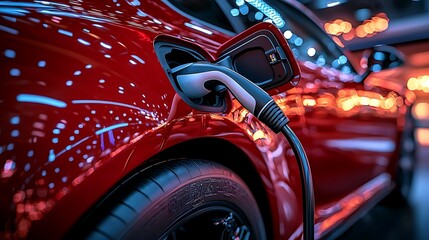 Red electric car charging at night, city lights blurred background; sustainable transport