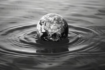 A thought-provoking photograph of a globe submerged halfway in water, with ripples spreading outward from its surface. The globe is partially obscured by the water, reflecting the interconnectedness