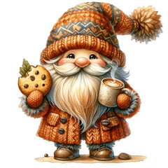 Fototapeta premium Festive Holiday Gnome Illustration A Charming Digital Artwork Featuring a Cozy Gnome Adorned in Winter Knitwear Holding a Warm Beverage and Delicious Cookie, Perfect for Christmas Decorations