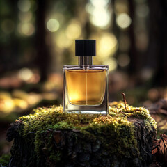 The image shows a bottle of perfume placed on a moss-covered tree stump in a forest setting. The bottle has a dark cap and contains a golden liquid.