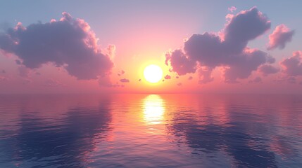 Serene sunset over calm ocean; pink clouds; peaceful background; ideal for travel or relaxation