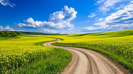 Winding Road Through Yellow Rapeseed Field - Nature Photography: Th.