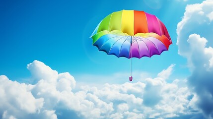 Clear background. 3D vibrant rainbow-colored umbrella floating against a bright blue sky with fluffy white clouds