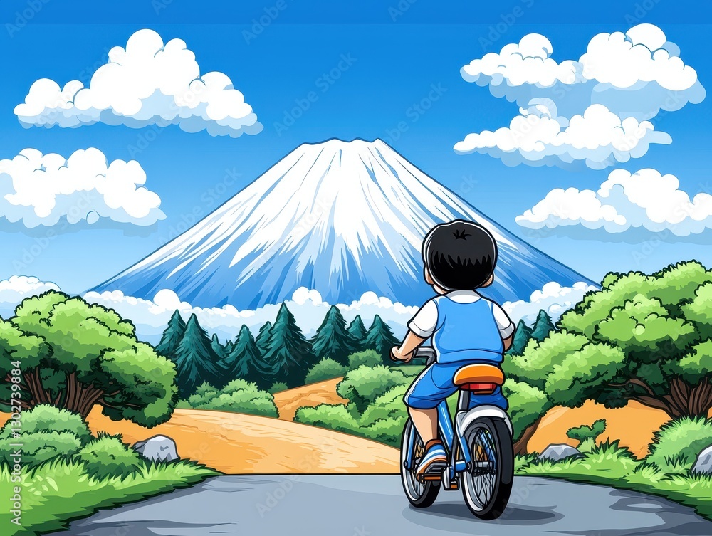 Poster a child riding a bicycle on a scenic path with a mountain backdrop, surrounded by trees