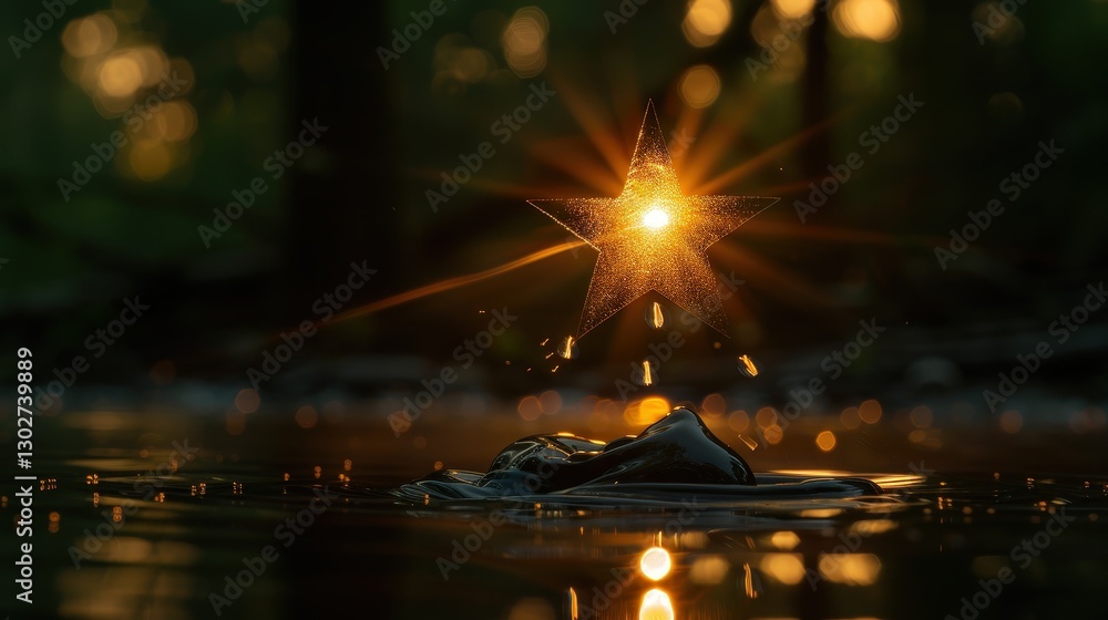 Poster a shimmering splash of water reflects sunlight, creating a sparkling effect amidst a tranquil forest
