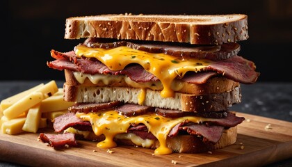 Delicious High Stacked Sandwich with Sliced Meat and Melted Cheese on Toasted Bread Served on a Wooden Board, Ideal for Food Photography and Culinary Enthusiasts