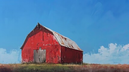 Obraz premium A time-lapse sequence capturing the transformation of a weathered old barn into a vibrant red structure, skilled painters meticulously applying layers of fresh paint under a clear blue sky