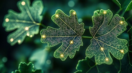 Smart agriculture Circuit leaves, data network, plant growth, technology, nature background
