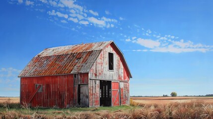 A time-lapse sequence capturing the transformation of a weathered old barn into a vibrant red structure, skilled painters meticulously applying layers of fresh paint under a clear blue sky
