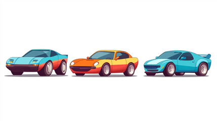 Three vibrant, retro-styled sports cars in blue, orange, and turquoise, showcasing classic design and modern aesthetics.