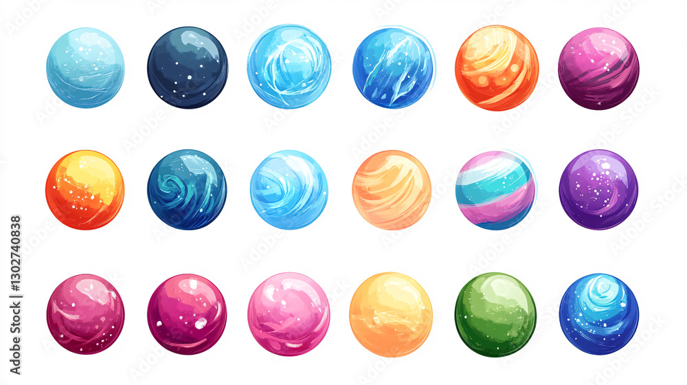 Poster a vibrant collection of colorful, abstract spheres showcasing various swirls and gradients in a visu
