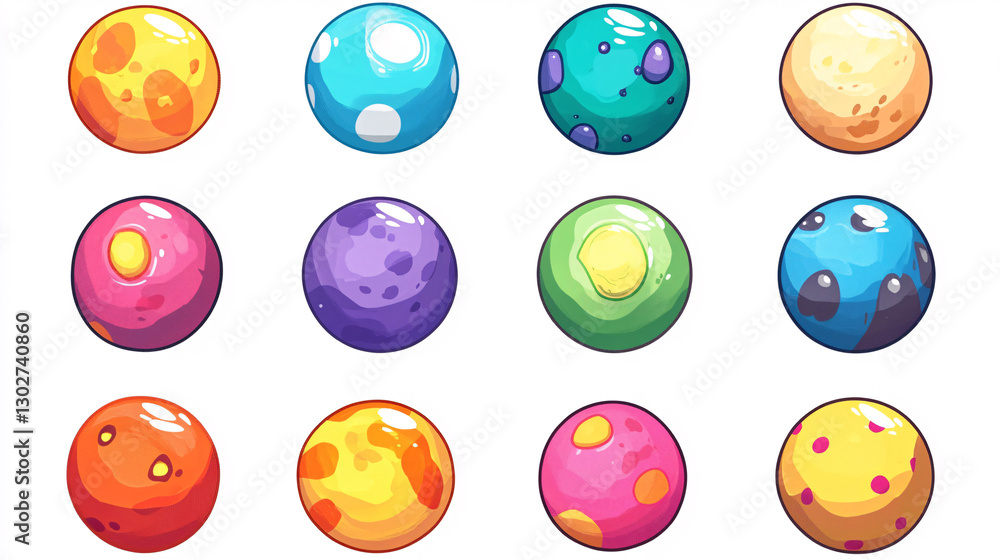 Poster a colorful array of spherical objects featuring various playful designs and patterns, arranged in a 