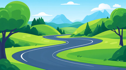 A serene landscape featuring a winding road through lush green hills, framed by trees and mountains under a bright blue sky.