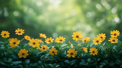 Fototapeta premium Sunlit yellow flowers in lush green garden.