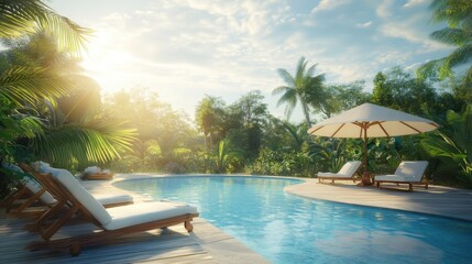Fototapeta premium Serene Tropical Poolside Paradise with Sun and Lush Greenery