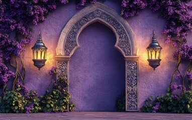 Ramadan Background, Islamic arch  background with two glowing lanterns on either side of an elegant arch, adorned with purple flower vines and lush green leaves, set against a solid lavender wall