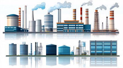A detailed illustration of industrial facilities, featuring smokestacks, storage tanks, and various types of buildings, reflecting a manufacturing setting.