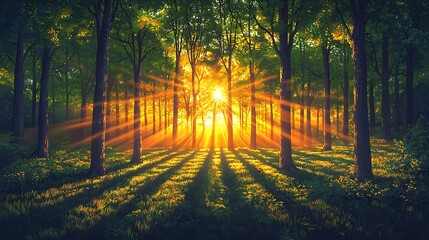 Sun rays pierce through forest at sunset, nature background for peaceful mood