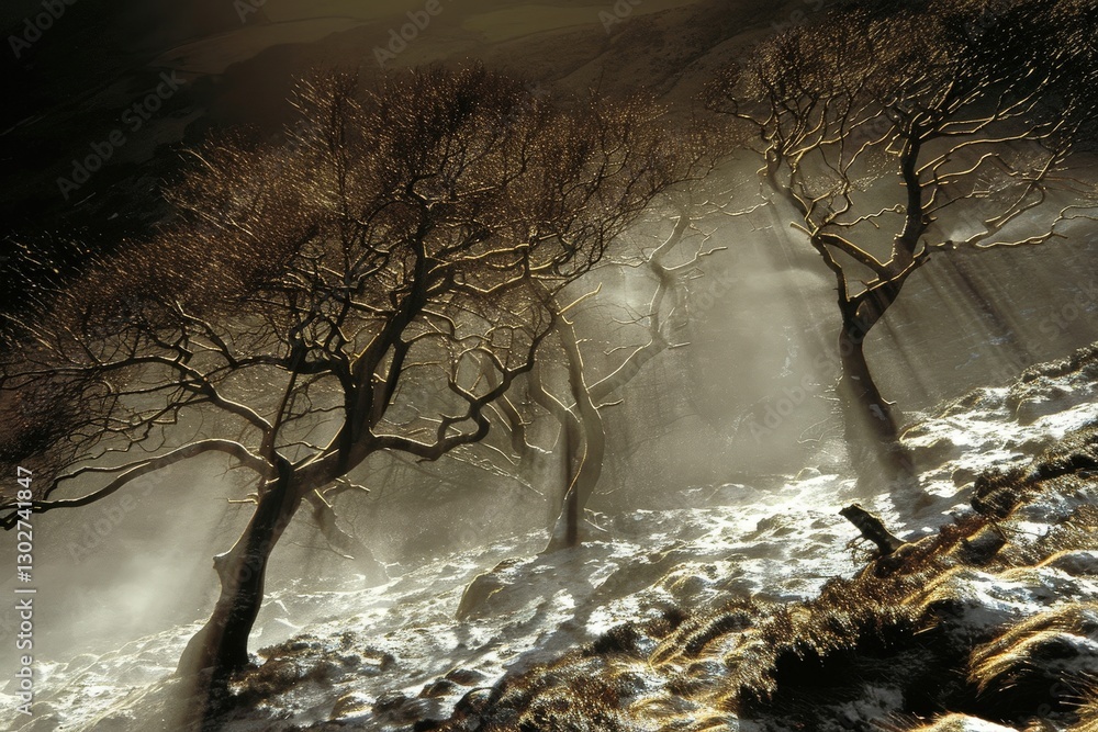 Poster a misty landscape featuring bare trees illuminated by soft light, creating a mysterious and atmosphe