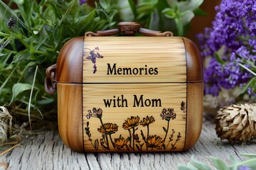 Wooden Keepsake Box with  Memories with Mom  Engraved on Rustic Floral Design