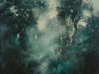 Obraz premium A surreal image of a translucent veil of mist descending upon the forest, shrouding everything in a dreamlike haze, with ghostly shadows and hints of hidden creatures, imbuing the scene with an eerie 