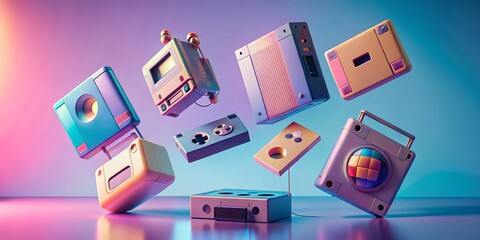Retro Gaming Console & Tech Gadgets Floating, Whimsical 3D Render, Copy Space Left