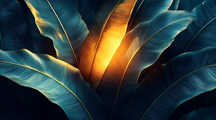 Tropical leaves backlit sunset, jungle background, nature wallpaper