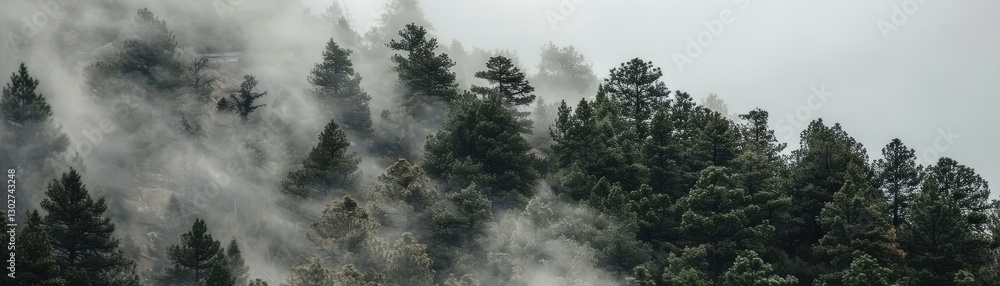 Poster a misty forest scene with tall evergreen trees partially obscured by fog, creating an atmospheric an