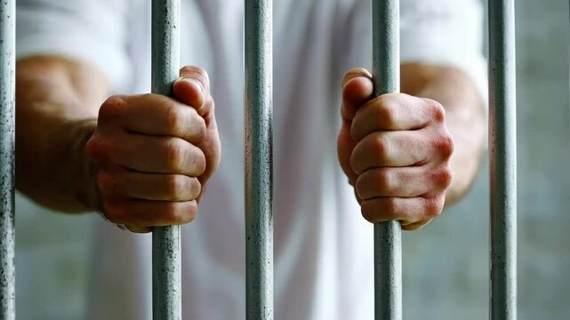 Man holding prison bars while wearing a white shirt in a dimly lit jail cell during the evening