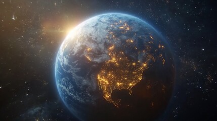 Obraz premium Earth at night, sunlit, North America highlighted.