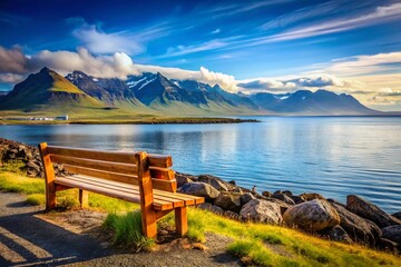 Reykjavik Iceland Seascape: Majestic Mountain View with Wooden Bench