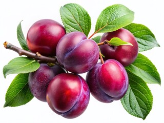 Ripe Plums Branch Isolated: Juicy Fruit & Lush Green Leaves on White Background