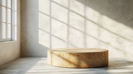 Wooden display platform in sunlit room, product presentation backdrop