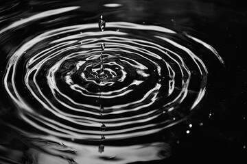 Black and white water drop impacting surface creating concentric ripples