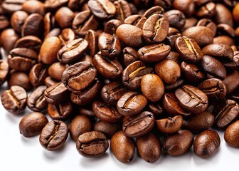 Naklejka premium Roasted Coffee Beans on White Background - Aromatic Coffee Beans Close-up