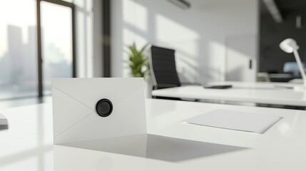 A white envelope with a black wax seal is sitting on a white desk.