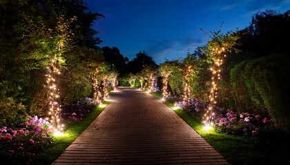 Fototapeta premium Fairy lights along a pathway: A pathway in the garden lit with soft fairy lights, guiding the way at night.