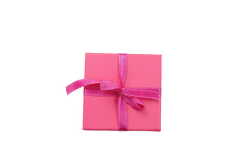 Gift box isolated on white, transparent. Pink color parcel with ribbon bow, top view. Mothers day. 