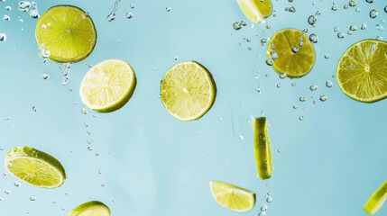 fresh lime slices falling on blue background